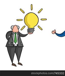 Hand-drawn vector illustration of boss holding glowing light bulb idea and businessman showing thumbs-up. Black outlines and colored.
