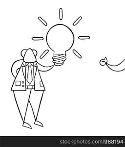Hand-drawn vector illustration of boss holding glowing light bulb idea and businessman showing thumbs-up. Black outlines and white.