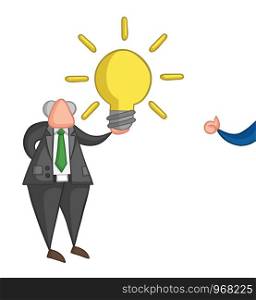Hand-drawn vector illustration of boss holding glowing light bulb idea and businessman showing thumbs-up. Color outlines and colored.