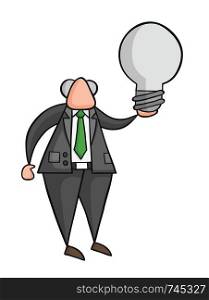 Hand-drawn vector illustration of boss holding light bulb. Black outlines and colored.