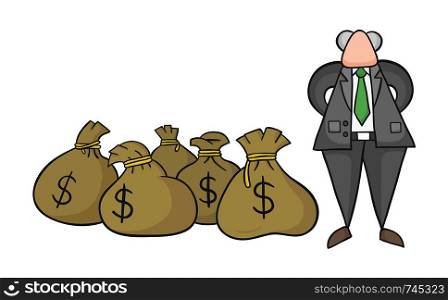 Hand-drawn vector illustration of boss rich with dollar money sacks. Black outlines and colored.