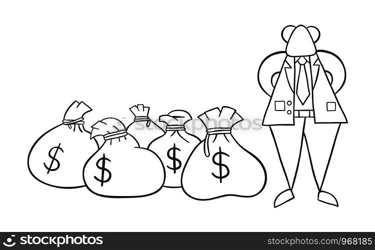 Hand-drawn vector illustration of boss rich with dollar money sacks. Black outlines and white.