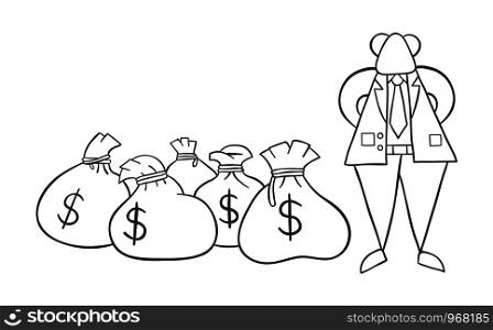 Hand-drawn vector illustration of boss rich with dollar money sacks. Black outlines and white.