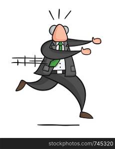 Hand-drawn vector illustration of boss running away. Black outlines and colored.