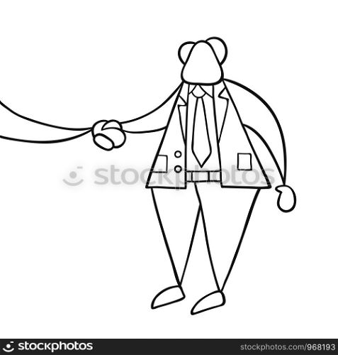 Hand-drawn vector illustration of boss shaking hands with businessman. Black outlines and white.