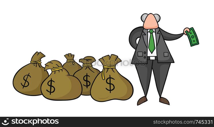 Hand-drawn vector illustration of boss with dollar money sacks and giving one money. Black outlines and colored.