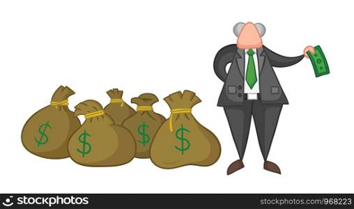 Hand-drawn vector illustration of boss with dollar money sacks and giving one money. Color outlines and colored.