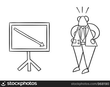 Hand-drawn vector illustration of boss with sales chart arrow down. Black outlines and white.