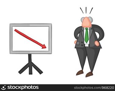 Hand-drawn vector illustration of boss with sales chart arrow down. Color outlines and colored.