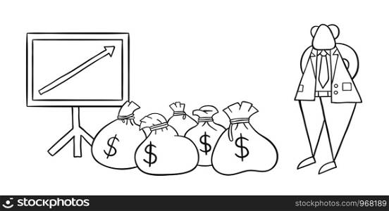 Hand-drawn vector illustration of boss with sales chart arrow moving up and dollar money sacks. Black outlines and white.