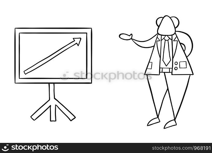 Hand-drawn vector illustration of boss with sales chart arrow up. Black outlines and white.