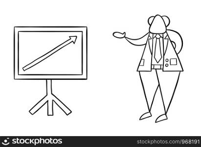 Hand-drawn vector illustration of boss with sales chart arrow up. Black outlines and white.