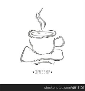 Hand drawn vector illustration of cup of hot coffee. Concept image of coffeehouse, restaurant, menu, cafe, coffee shop