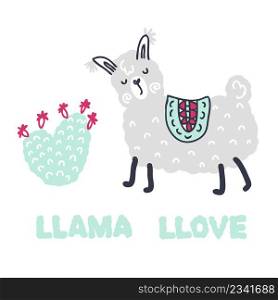 Hand drawn vector illustration of cute lama and cactus. Perfect for T-shirt, textile and prints. Doodle style illustration for decor and design.