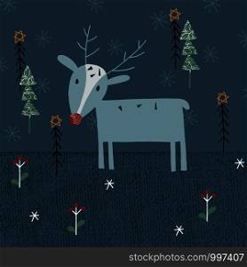 hand-drawn vector illustration of cute winter deer and seasonal trees