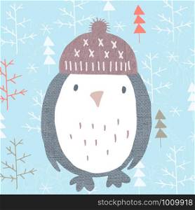 hand-drawn vector illustration of cute winter penguin and seasonal trees