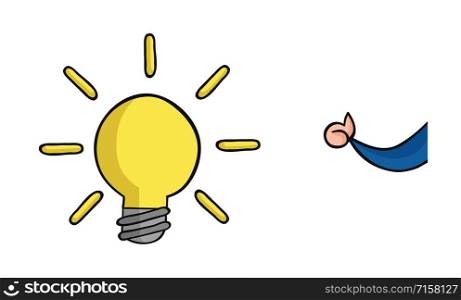 Hand drawn vector illustration of glowing light bulb and businessman showing thumbs up.