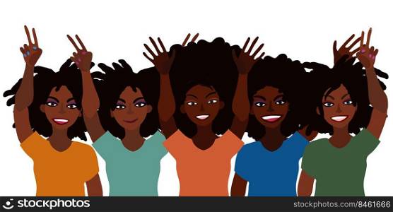 Hand drawn vector illustration of group of happy smiling black women together holding hands up with piece sign, open palm. Flat style. Isolated on white. Feminism diversity tolerance concept.. Group of happy smiling women of different race