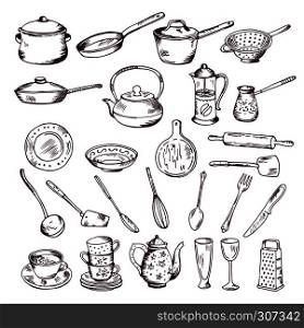Hand drawn vector illustration of kitchen tools isolate on white background. Sketch of kitchen tools spoon and fork, set of tools for cooking. Hand drawn vector illustration of kitchen tools isolate on white background