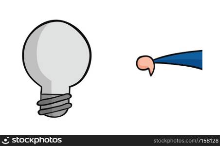 Hand drawn vector illustration of light bulb and businessman showing thumbs down.