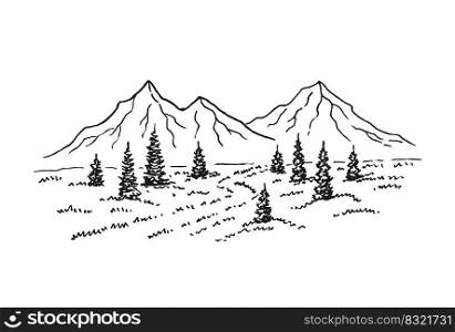 Hand drawn vector illustration of mountain landscape with pine trees.