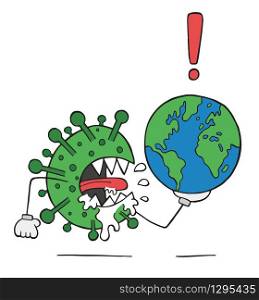 Hand drawn vector illustration of Wuhan corona virus, covid-19. Virus monster is holding world globe.