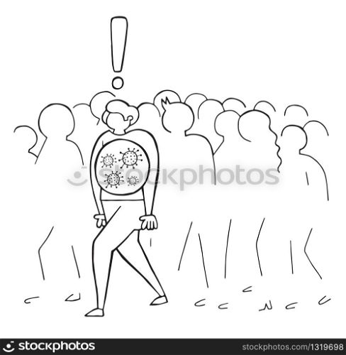Hand drawn vector illustration of Wuhan corona virus, covid-19. The infected man is walking in the crowd. White background and black outlines.
