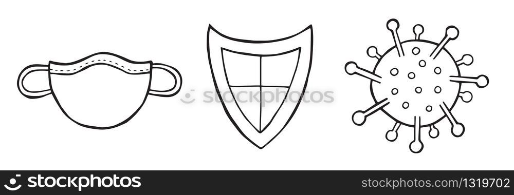 Hand drawn vector illustration of Wuhan corona virus, covid-19. Medical mask, guard shield and virus, protect. White background and black outlines.