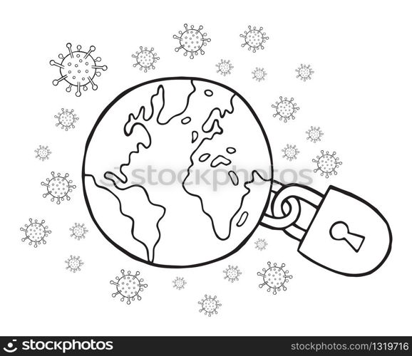Hand drawn vector illustration of Wuhan corona virus, covid-19. The world was closed due to the virus. White background and black outlines.