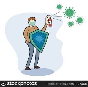 Hand drawn vector illustration of Wuhan corona virus, covid-19. Protected from viruses and kills with shield and spray.