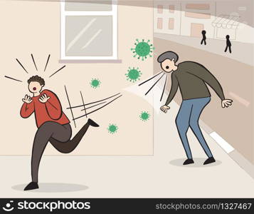 Hand drawn vector illustration of Wuhan corona virus, covid-19. Man sneezing or coughing in the street and other man scared and running away.