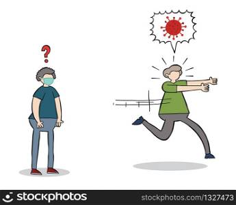 Hand drawn vector illustration of Wuhan corona virus, covid-19. He is afraid of the man who wears the mask.