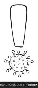 Hand drawn vector illustration of Wuhan corona virus, covid-19. Exclamation mark with virus. White background and black outlines.
