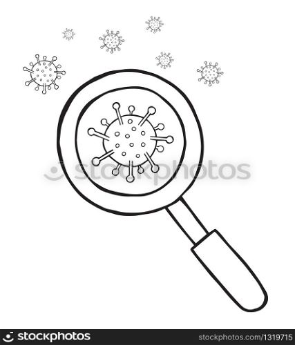 Hand drawn vector illustration of Wuhan corona virus, covid-19. Look with a magnifying glass. White background and black outlines.