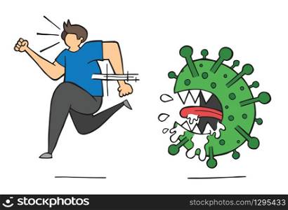 Hand drawn vector illustration of Wuhan corona virus, covid-19. Man running away from virus.