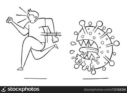 Hand drawn vector illustration of Wuhan corona virus, covid-19. Man running away from virus. White background and black outlines.