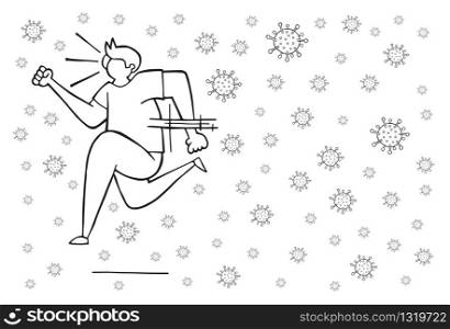 Hand drawn vector illustration of Wuhan corona virus, covid-19. Man running away from viruses. White background and black outlines.