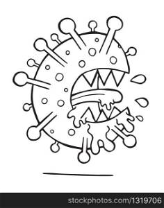 Hand drawn vector illustration of Wuhan corona virus, covid-19. Monster. White background and black outlines.