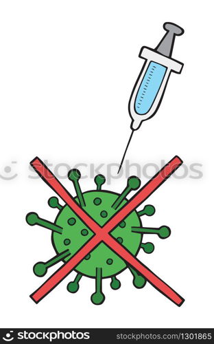 Hand drawn vector illustration of Wuhan corona virus, covid-19. Stop virus with syringe.