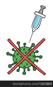 Hand drawn vector illustration of Wuhan corona virus, covid-19. Stop virus with syringe.