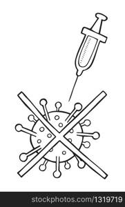 Hand drawn vector illustration of Wuhan corona virus, covid-19. Stop virus with syringe. White background and black outlines.