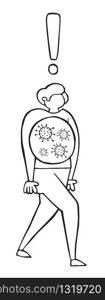 Hand drawn vector illustration of Wuhan corona virus, covid-19. The infected man is walking. White background and black outlines.