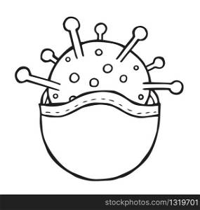 Hand drawn vector illustration of Wuhan corona virus, covid-19. Virus and medical mask. White background and black outlines.