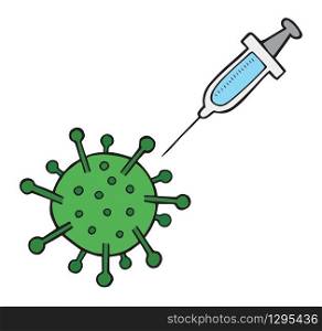 Hand drawn vector illustration of Wuhan corona virus, covid-19. Virus and syringe.