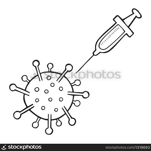 Hand drawn vector illustration of Wuhan corona virus, covid-19. Virus and syringe. White background and black outlines.