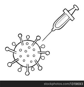 Hand drawn vector illustration of Wuhan corona virus, covid-19. Virus and syringe. White background and black outlines.