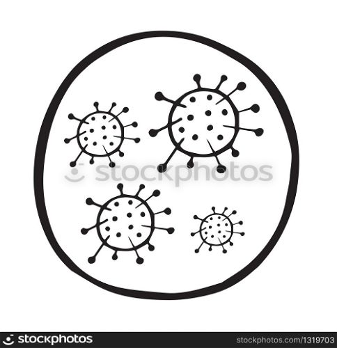 Hand drawn vector illustration of Wuhan corona virus, covid-19. White background and black outlines.