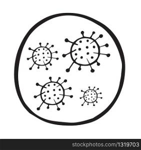 Hand drawn vector illustration of Wuhan corona virus, covid-19. White background and black outlines.
