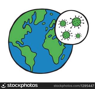 Hand drawn vector illustration of Wuhan corona virus, covid-19. World globe and viruses.