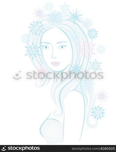 Hand-drawn vector illustration of young beautiful girl with snowflakes in her hair